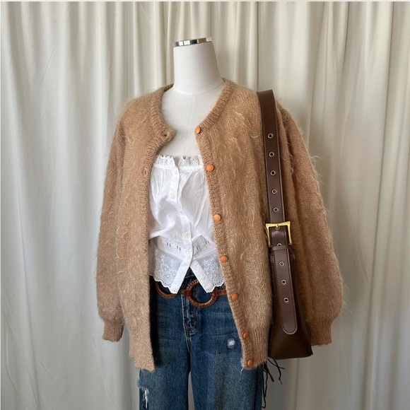 Madeleine Sweaters - Vintage Madeleine Mohair blend button-up cardigan sweater Tan Medium.